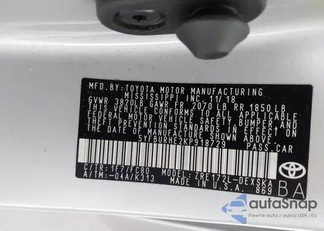 2019 Toyota Corolla Se z USA, uszkodzony, nr VIN 5YFBURHE2KP918729